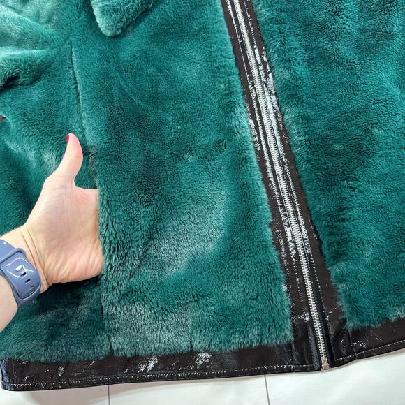 Anthropologie Maeve Jacket Womens 1X Green Faux Fur Bomber Full Zip Patent Fuzzy - Picture 7 of 13